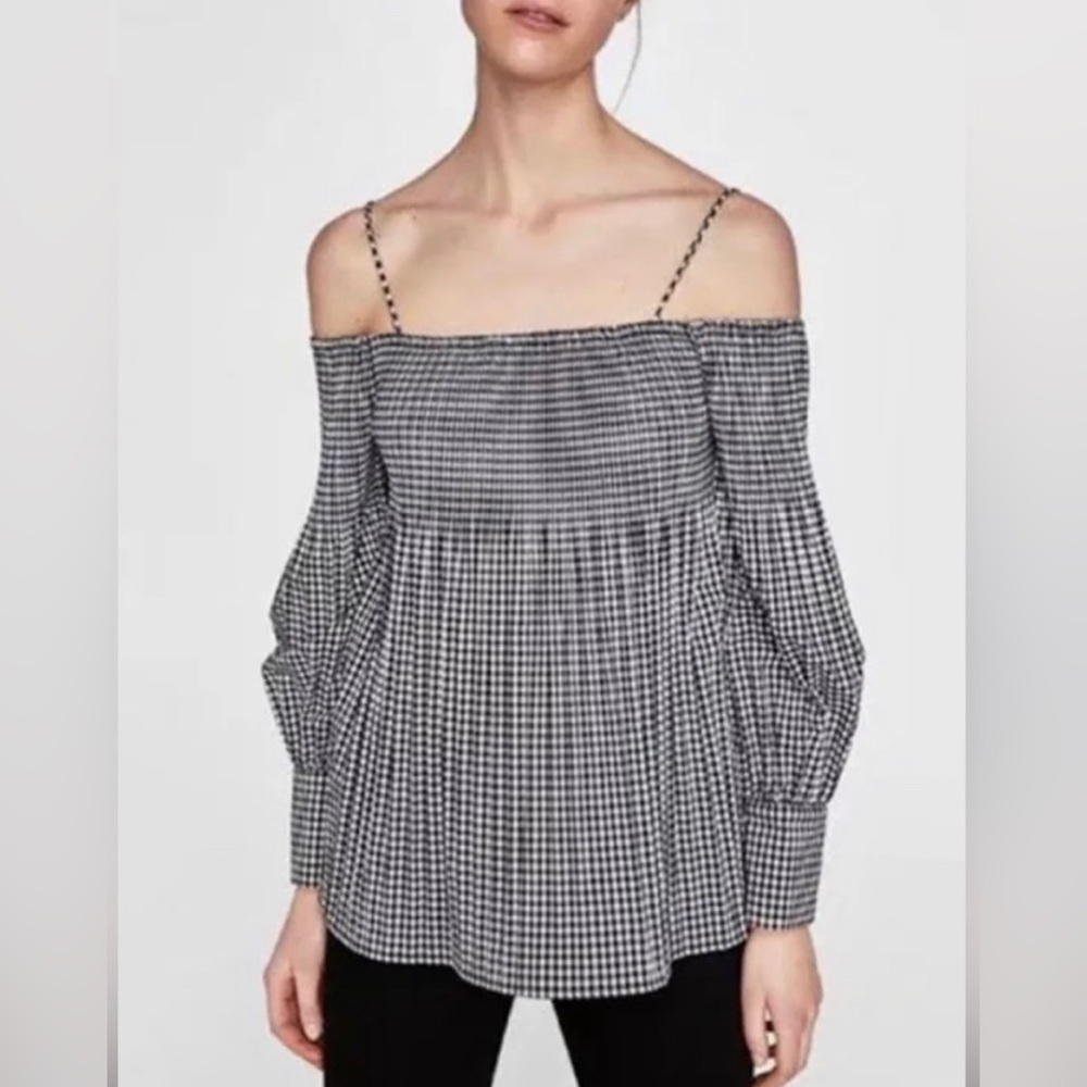 Zara Basic Plaid Gingham Babydoll Off The Shoulder Top